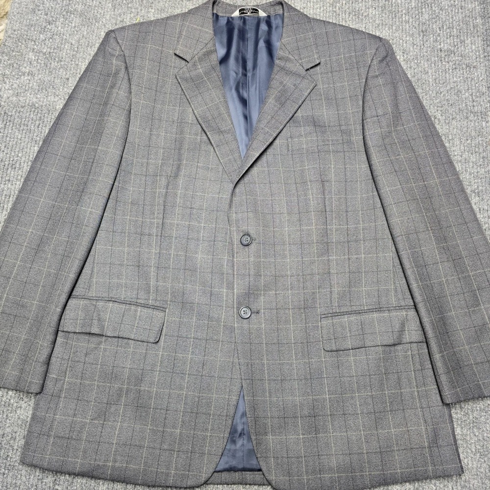 Versini Mens Gray Herringbone Windowpane Blazer Sport Coat Classic